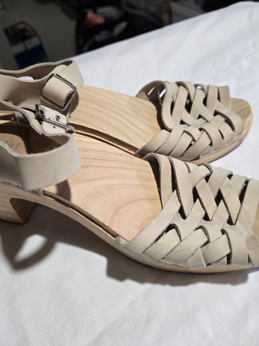 Sandgrens Swedish Wooden Clog Sandals - Beige Woven Strap - Size 42 US 11 / 11.5